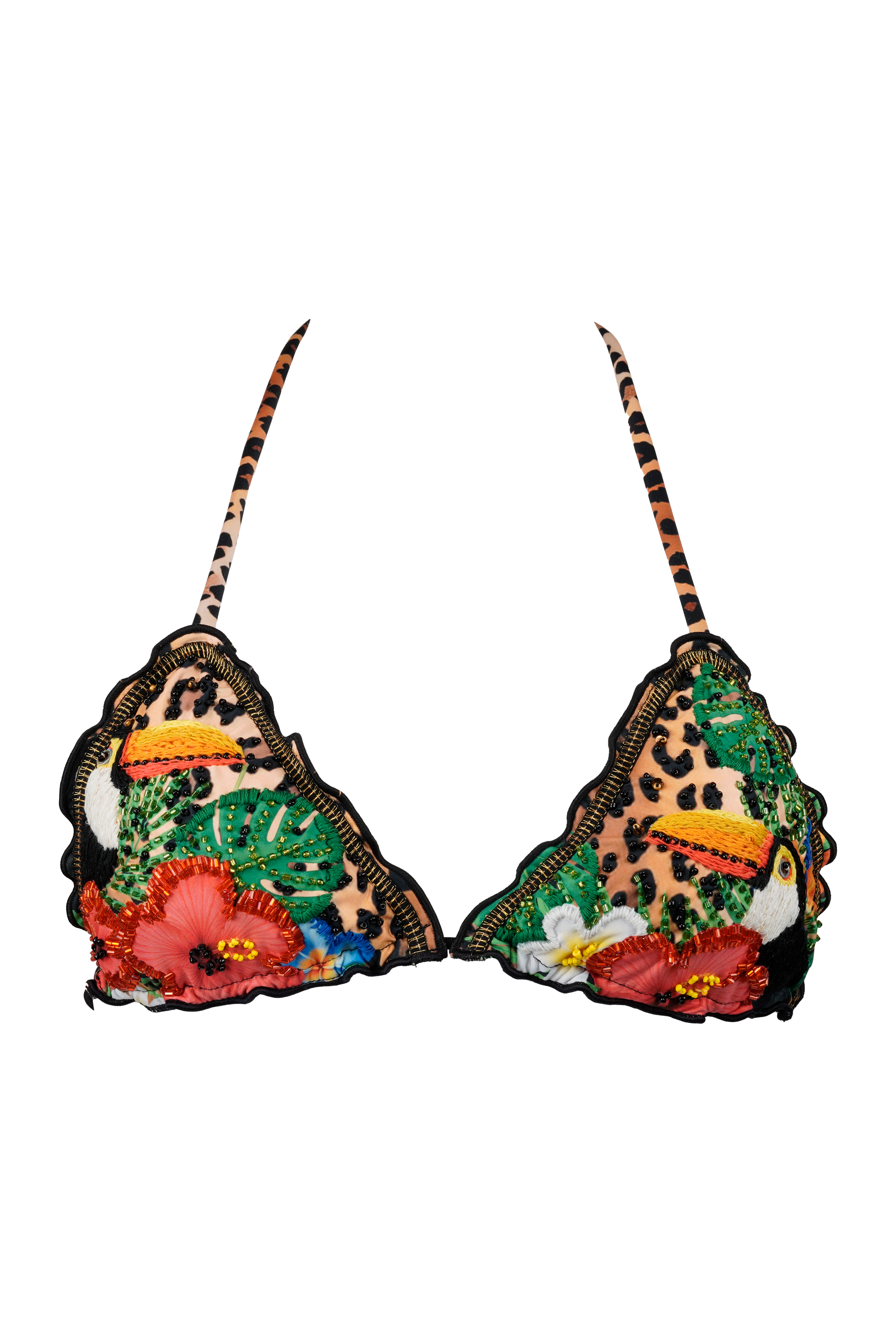 Bikini Top Amazona - Leopard Print with colourful tropical design overlay, Toucans and Florals embroidered and embellished with beadwork. Bikini top is on a white background.