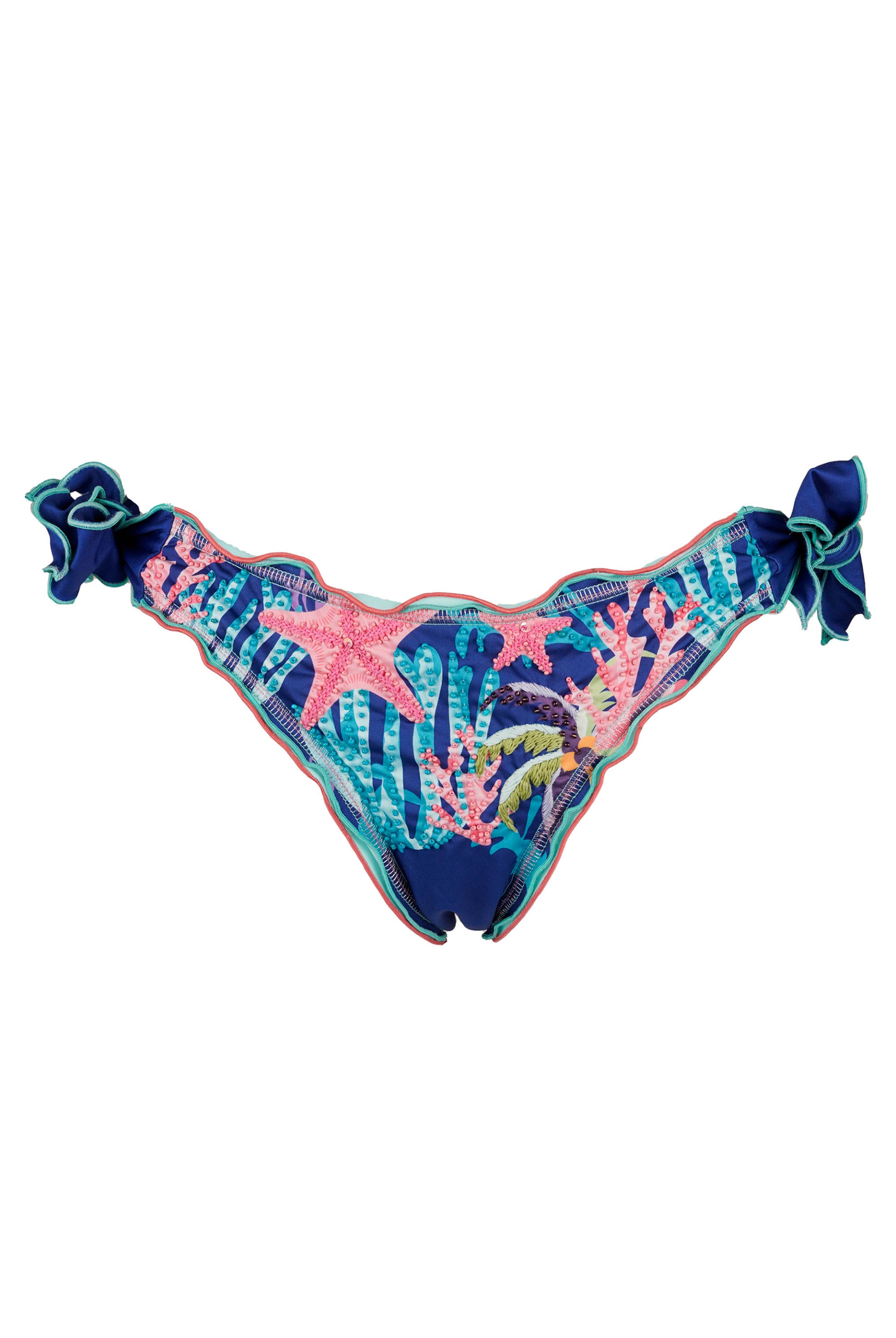 Colorful bikini bottom with starfish and coral design on a white background