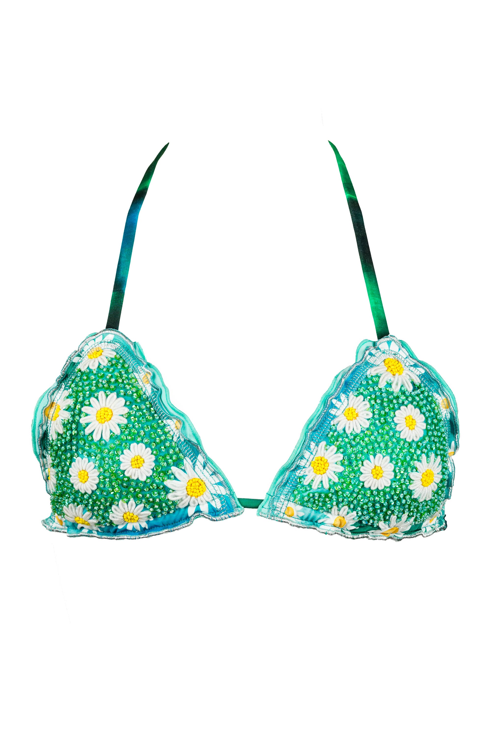 Green bikini top with white daisies floral pattern on a white background - Calaswim