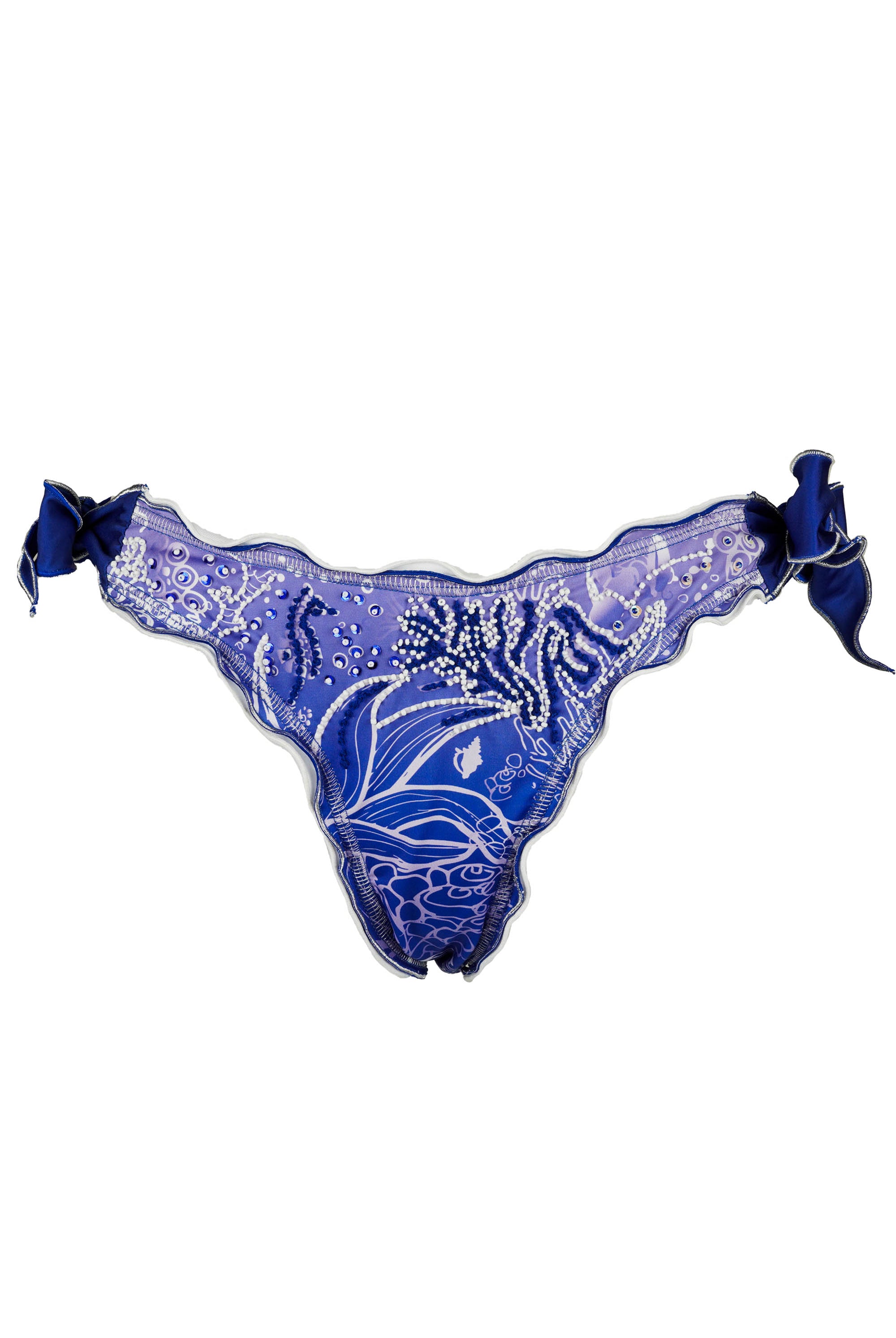 Sereia Wavy Edge Bikini bottom from the front, blue design with an under water world print decorated with beadwork and embroidery on a white background.