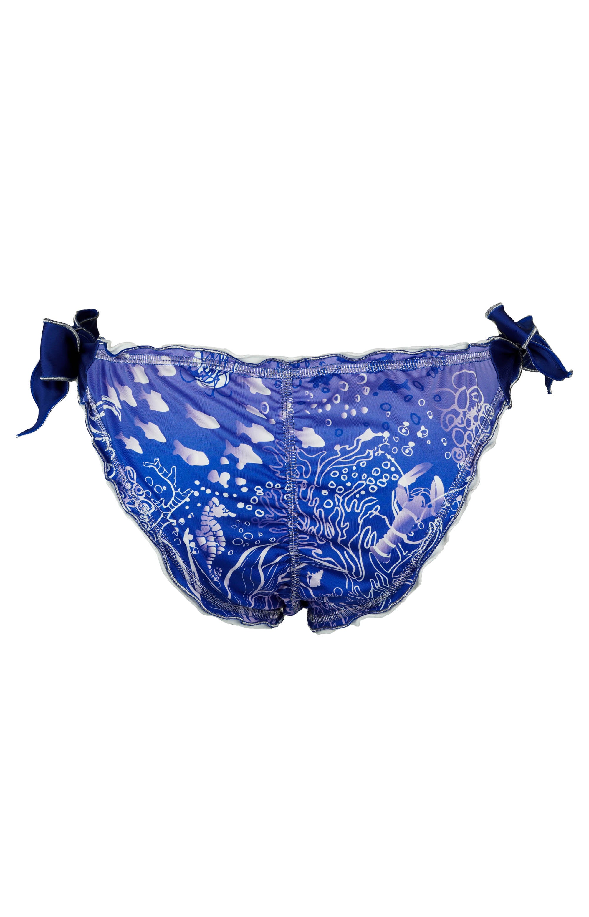 Sereia Wavy Edge Bikini bottom backside, blue design with an underwater world print on a white background.
