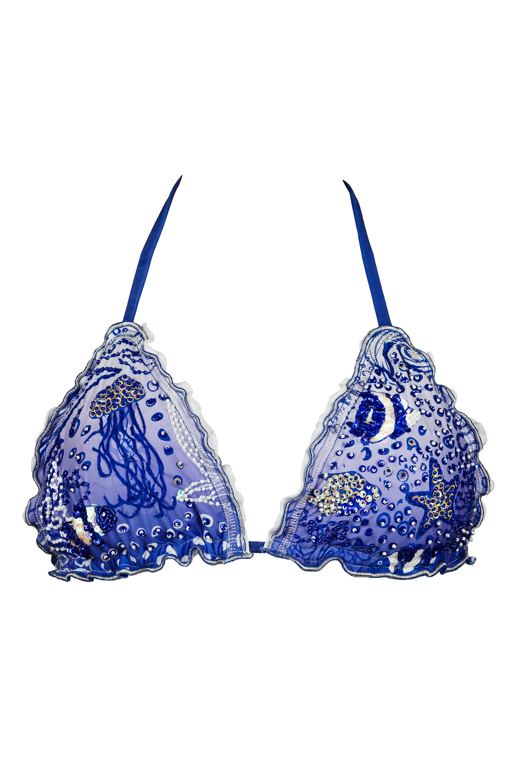 Blue underwater theme print Bikini top with embroidery and embellished with beads on a white background