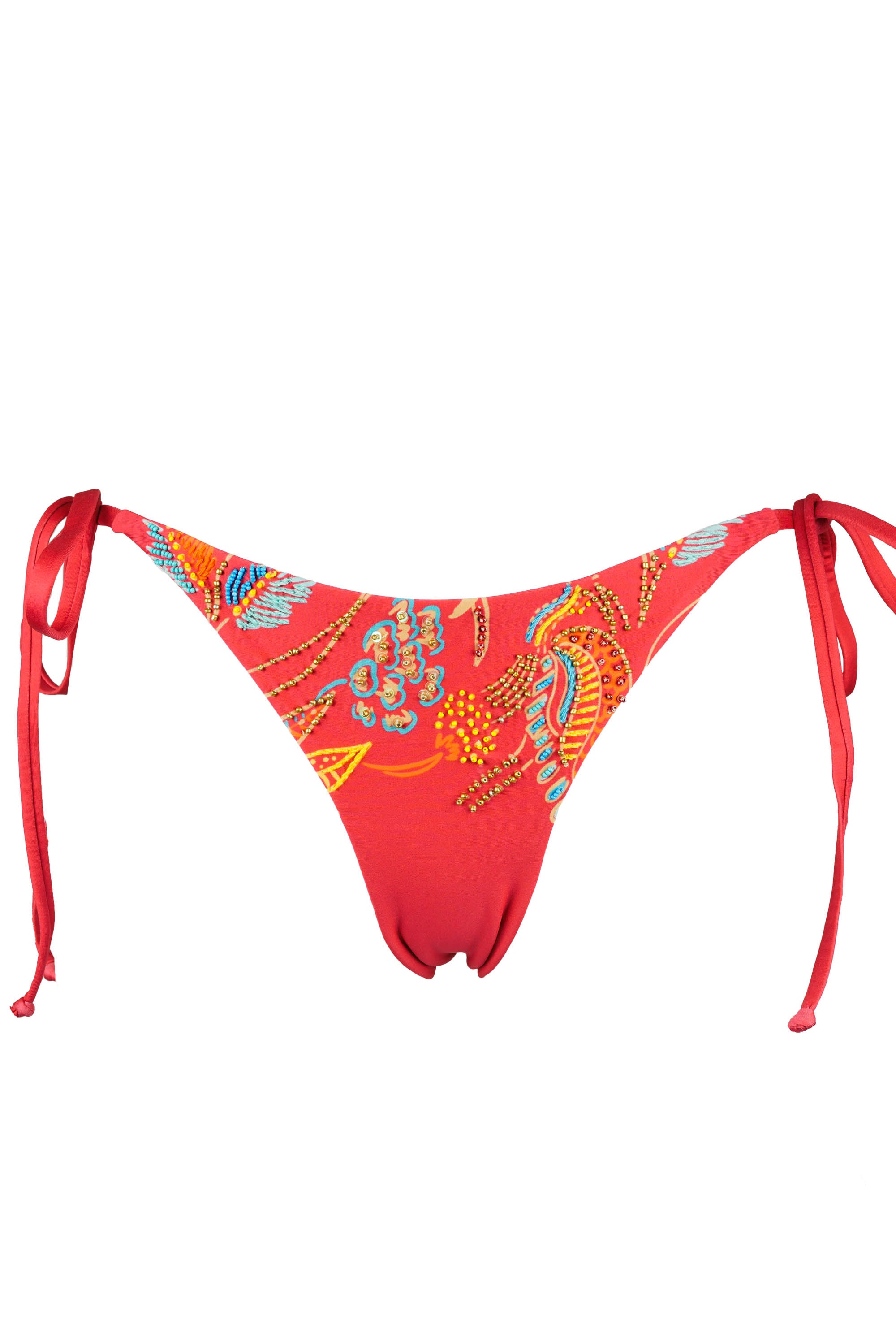 Zahora Red bikini bottom with colorful tribal patterns decorated with embroidery and beadwork on a white background