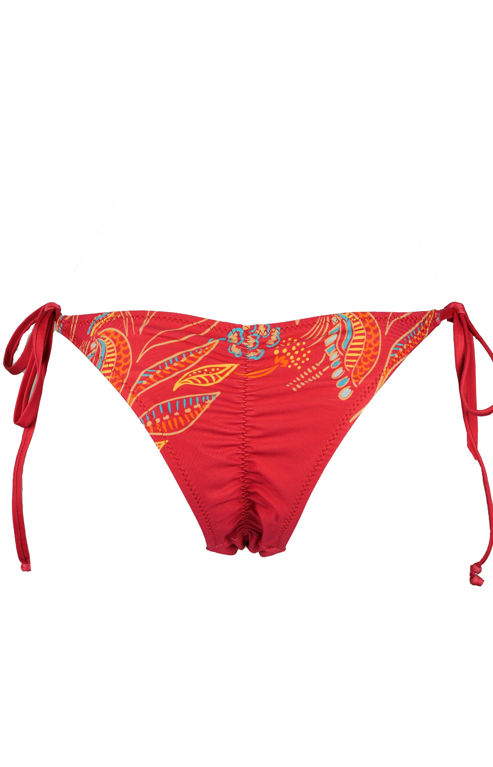 Zahora Red bikini bottom backside with colorful tribal patterns on white background.