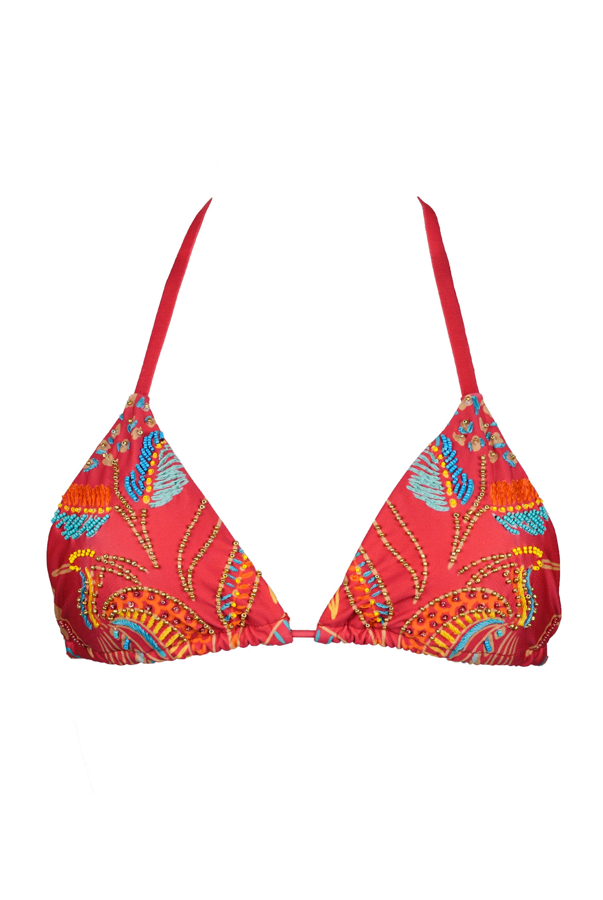 Zahora Red bikini top with colorful tribal pattern decorated with embroidery and beadwork on a white background.
