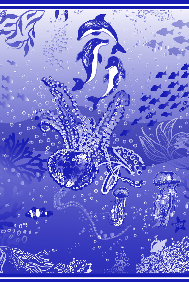 Cover-up print - Illustration of an underwater scene with dolphins, fish, and coral in blue tones.