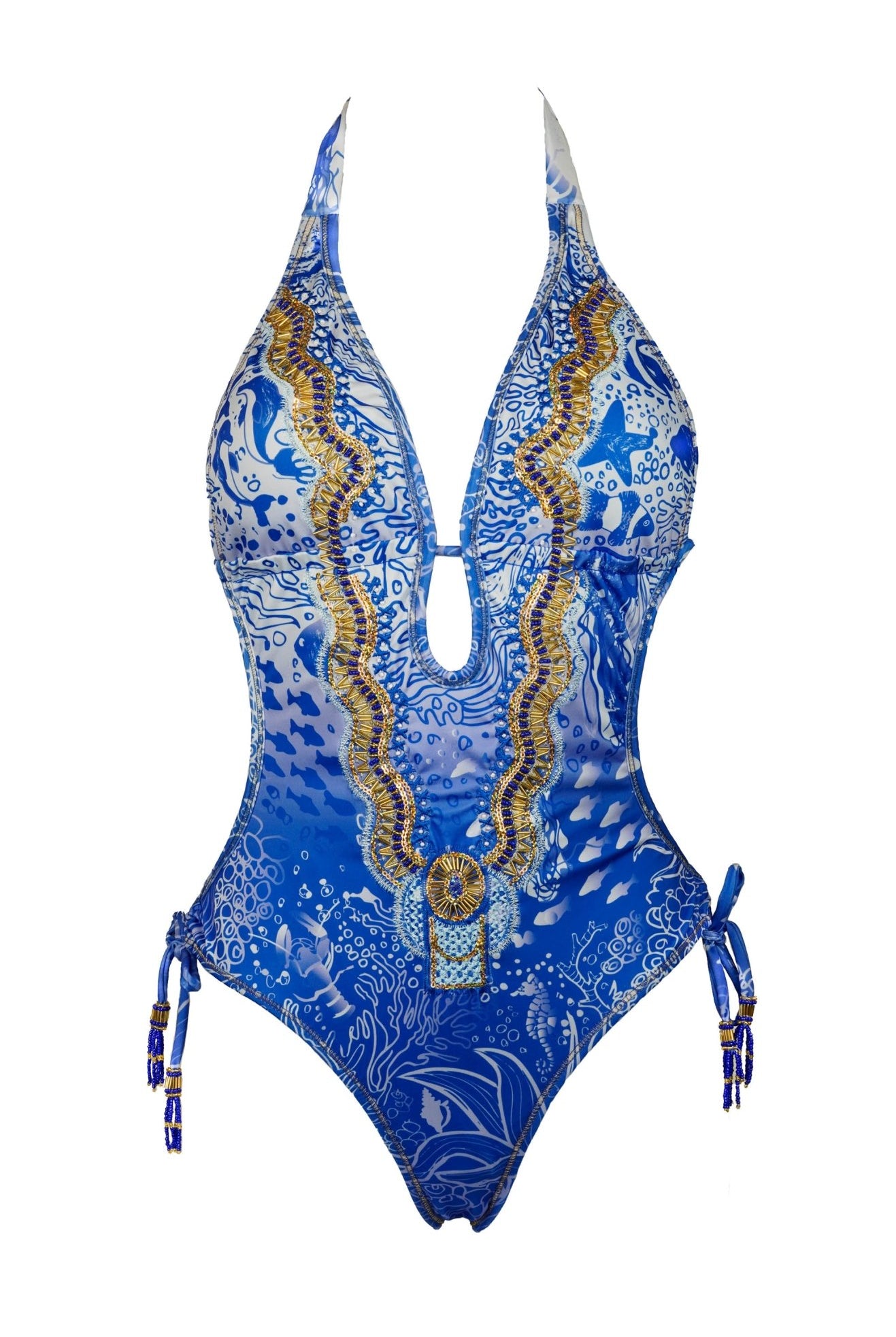 Sereia Blue & White Monokini – Hand-Beaded One-Piece - CALASWIM - Calaswim