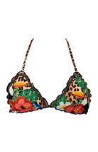 Bikini Top Amazona - Leopard Print with colourful tropical design overlay,  Toucans and Florals embroidered and embellished with beadwork. Bikini top is on a white background.