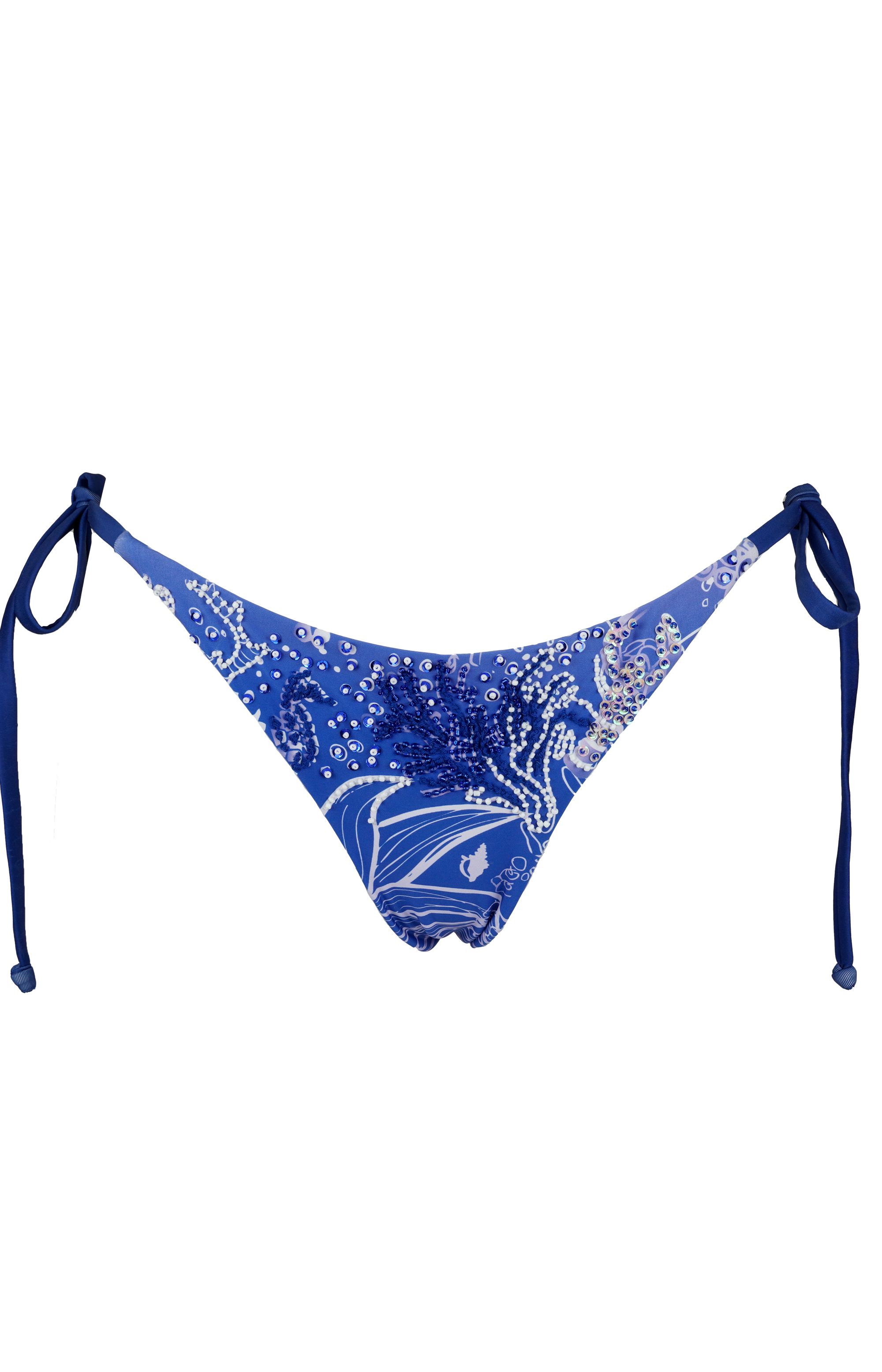 Sereia Sleek Edge bikini bottom front - Blue and white design with a seahorse and coral design on a white background.