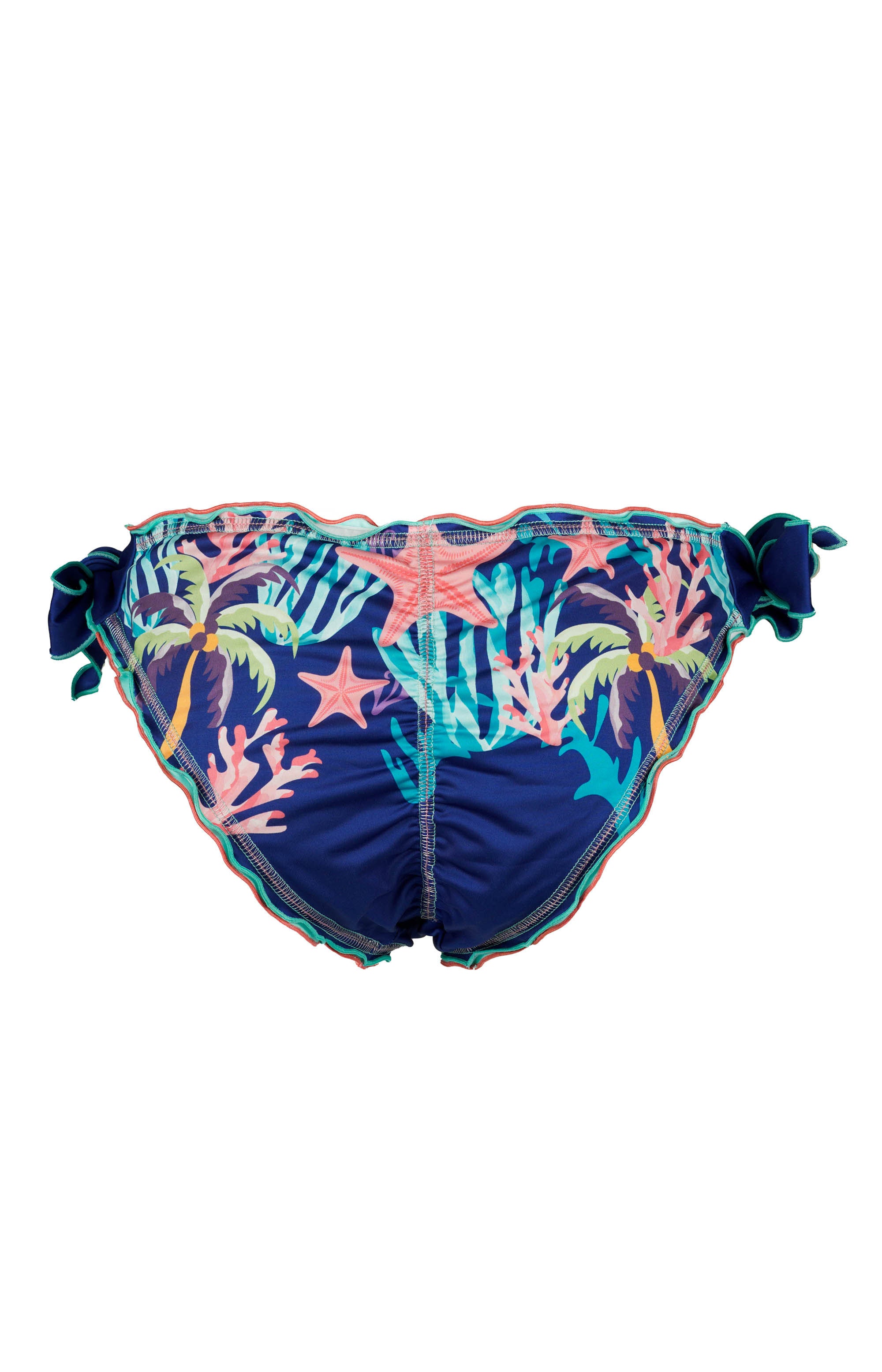 Bikini bottom backside with tropical leaf pattern on a white background