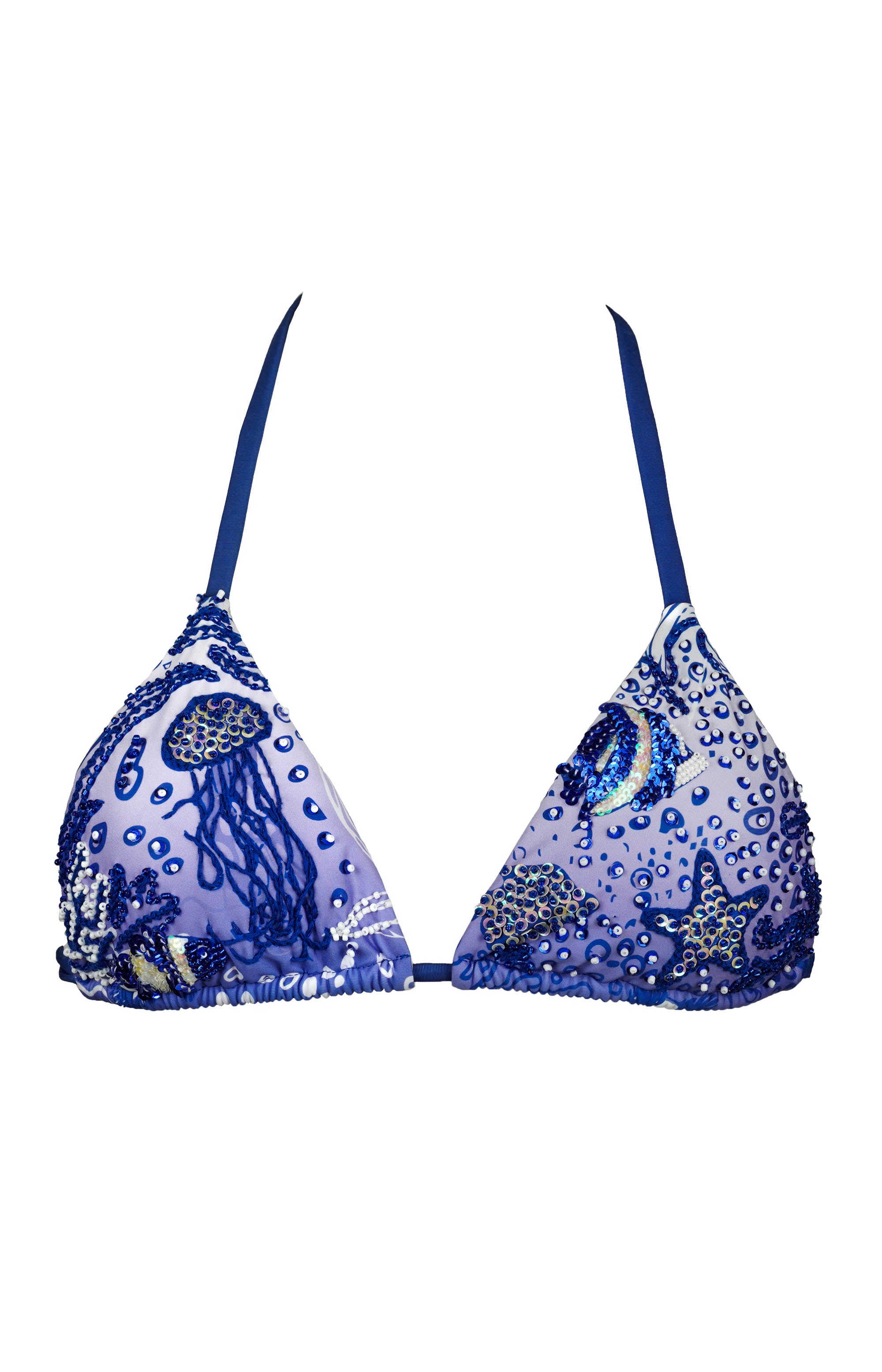 Sereia Sleek Edge bikini top - Blue and white design with jellyfish design, on a white background.