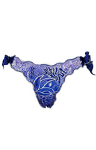 Sereia Wavy Edge Bikini bottom from the front, blue design with an under water world print decorated with beadwork and embroidery on a white background.