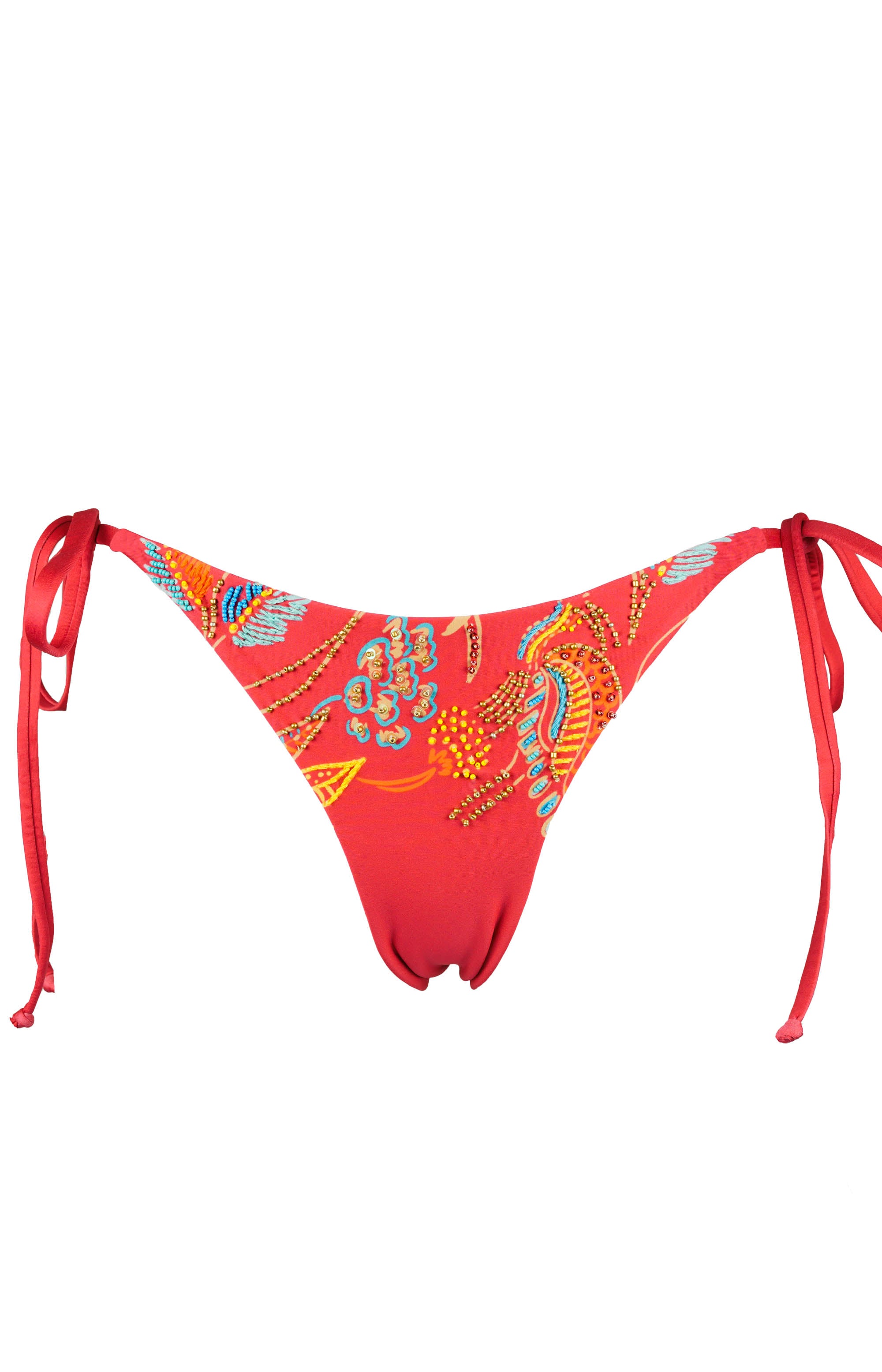 Zahora Red bikini bottom with  colorful tribal patterns decorated with embroidery and beadwork on a white background