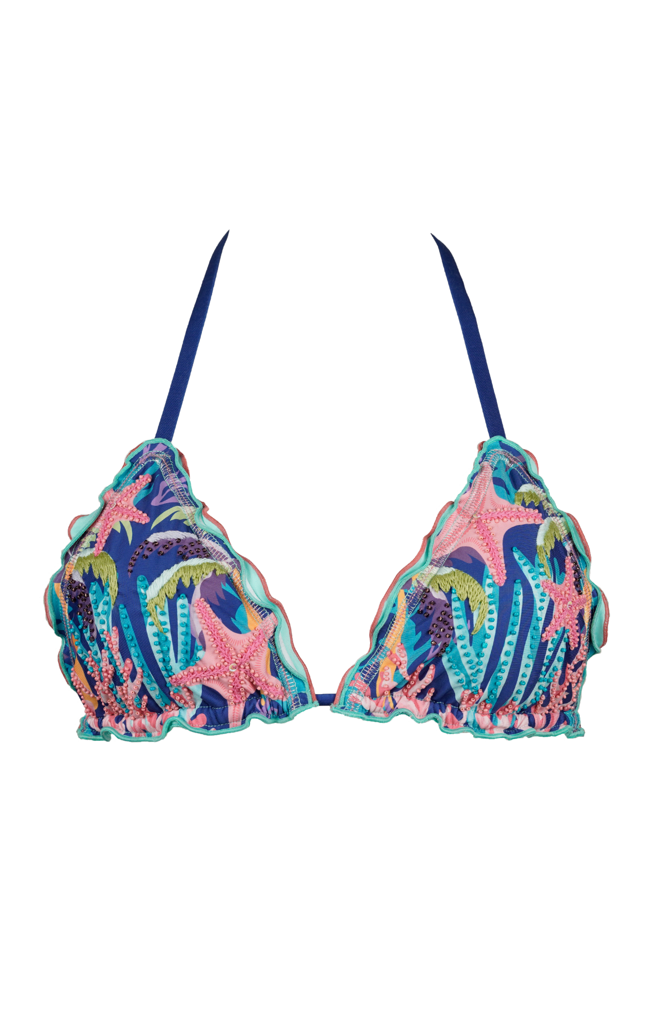 Bahia Starfish luxury handmade, embroidered and beaded triangle bikini top by CALASWIM on a white background.