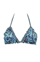Deia - Blue Striped Beaded Triangle Bikini Top with Floral Pattern - Calaswim - Calaswim
