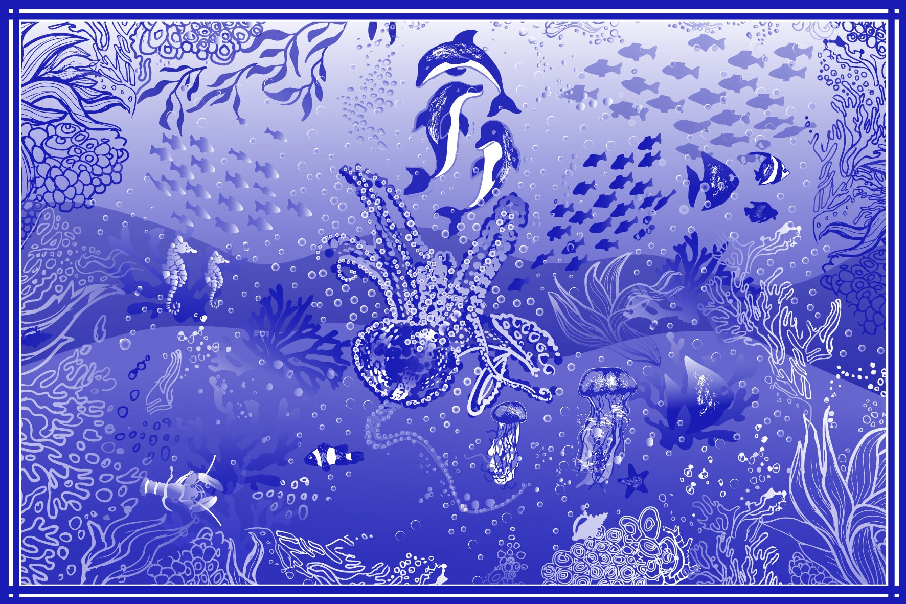 Cover-up print - Illustration of an underwater scene with dolphins, fish, and coral in blue tones.