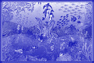 Cover-up print - Illustration of an underwater scene with dolphins, fish, and coral in blue tones.