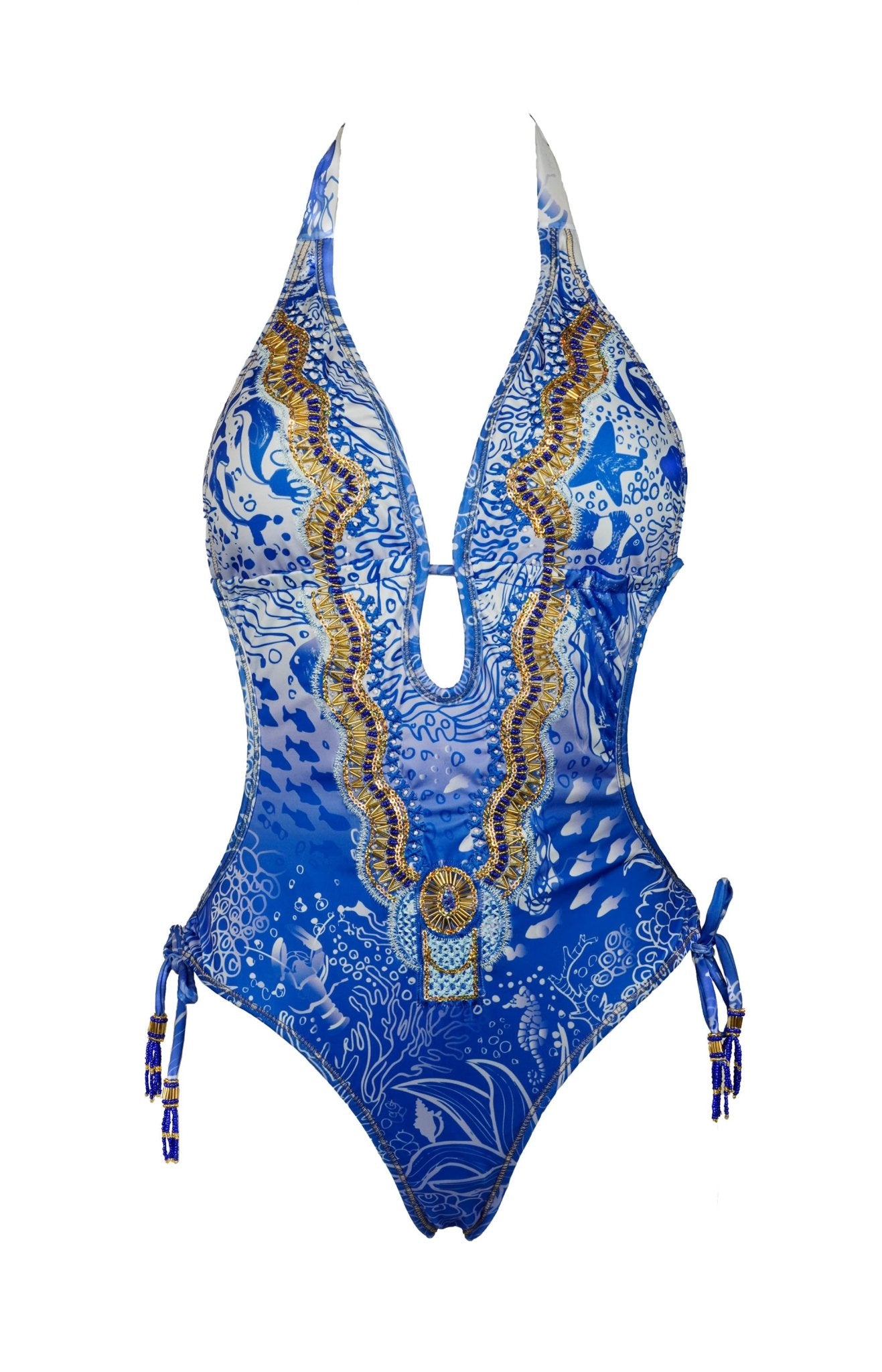 Sereia Blue & White Monokini – Hand-Beaded One-Piece - CALASWIM - Calaswim