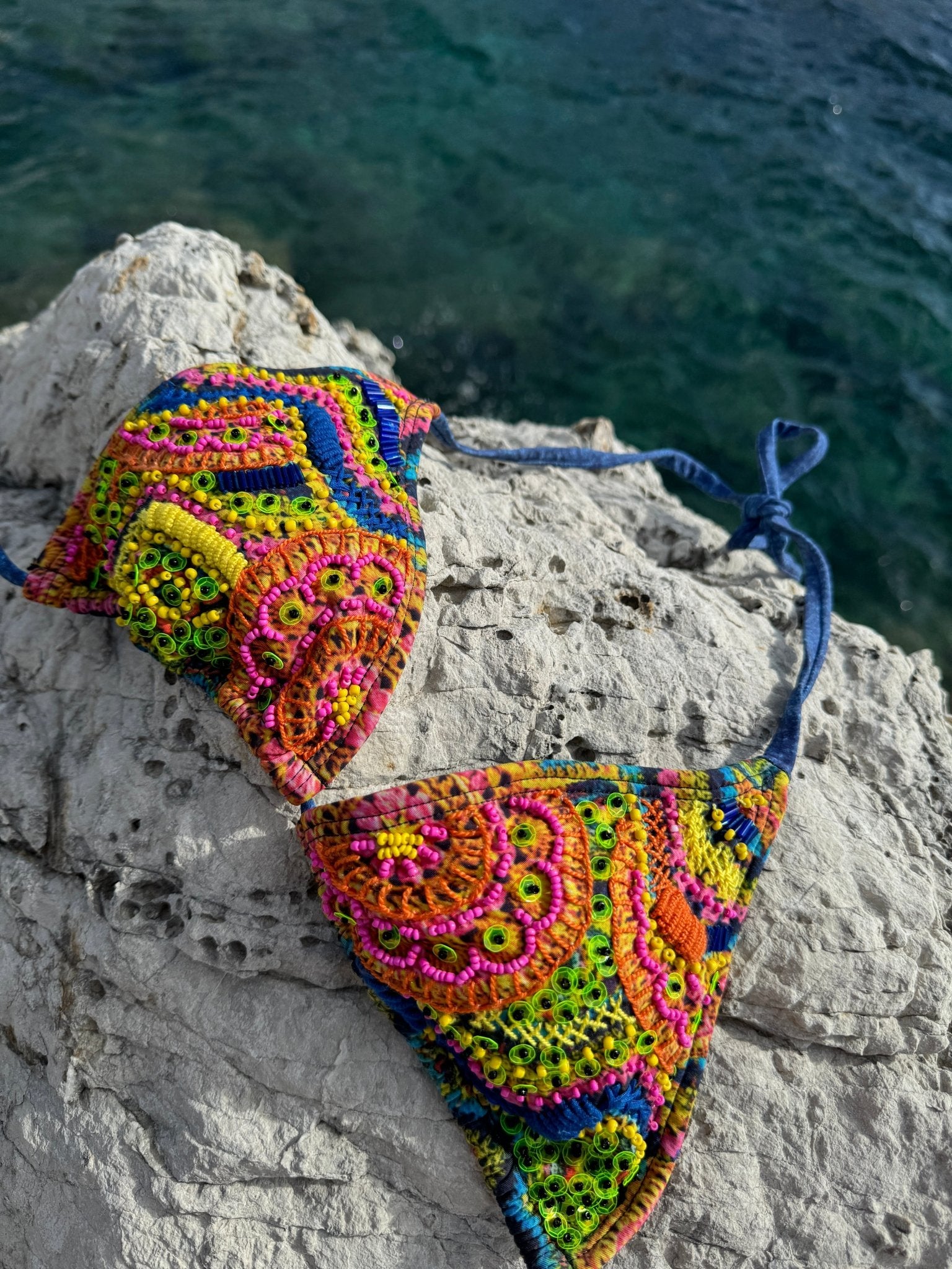 Terra - Colorful Denim Laces with Beads Triangle Bikini Top - Calaswim - Calaswim