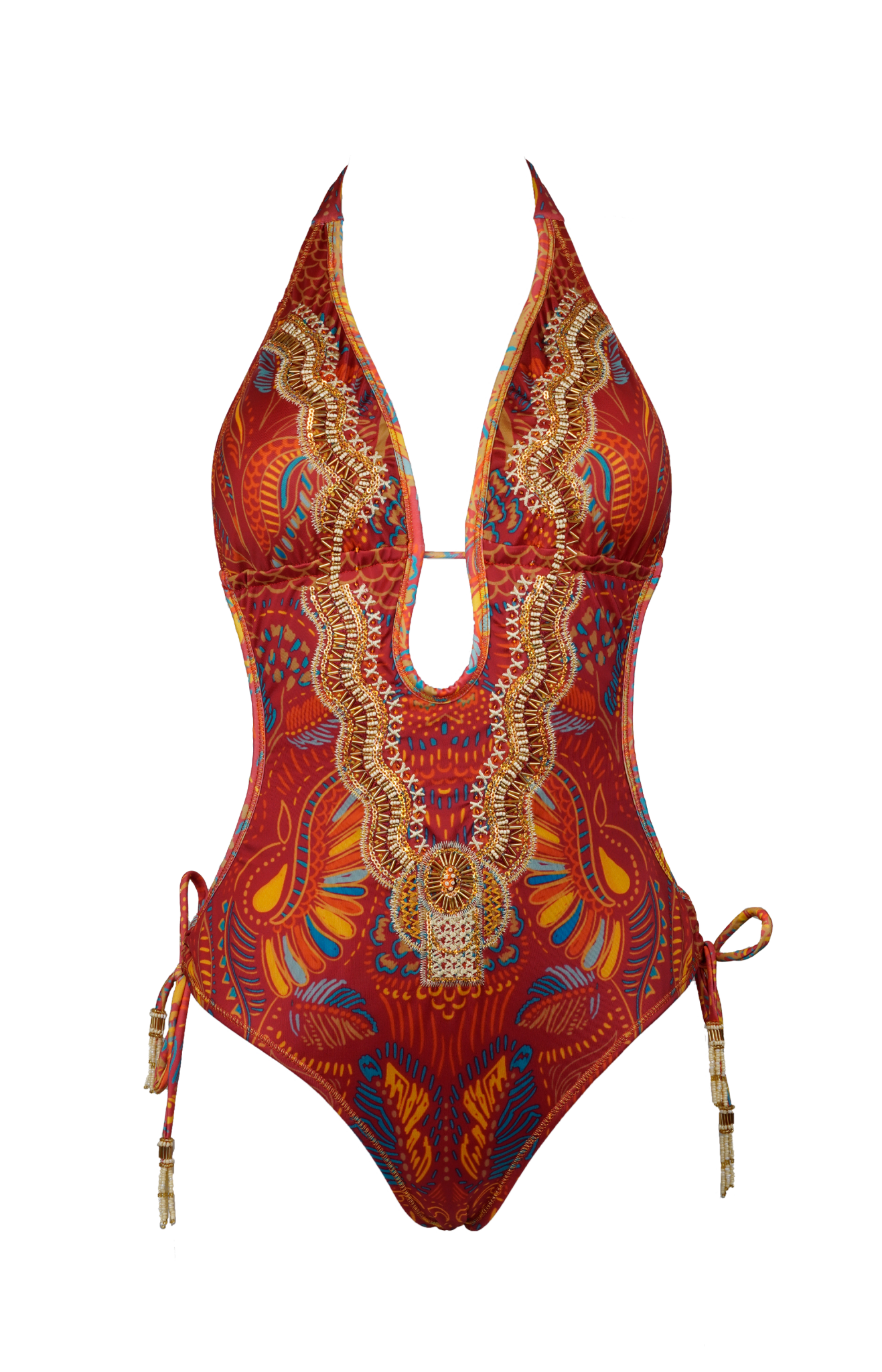 Zahora - Tribal Red Beaded Monokini - CALASWIM - Calaswim